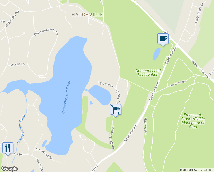 map of restaurants, bars, coffee shops, grocery stores, and more near 20 Theatre Drive in Falmouth