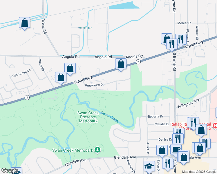 map of restaurants, bars, coffee shops, grocery stores, and more near 1302 Brookview Drive in Toledo