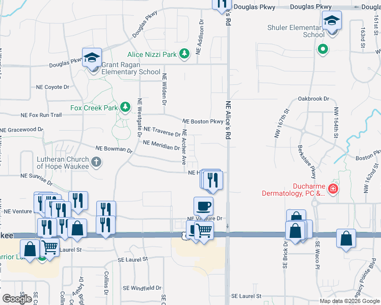 map of restaurants, bars, coffee shops, grocery stores, and more near 805 Northeast Meridian Drive in Waukee