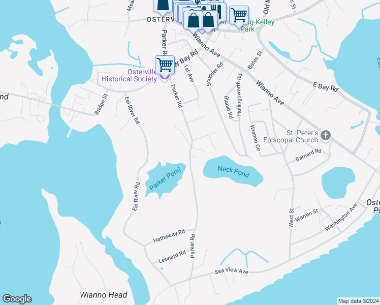 map of restaurants, bars, coffee shops, grocery stores, and more near 312 Parker Road in Barnstable