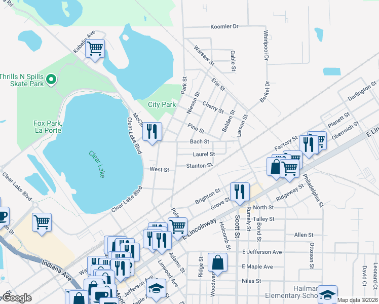 map of restaurants, bars, coffee shops, grocery stores, and more near 292-498 Bach St in La Porte