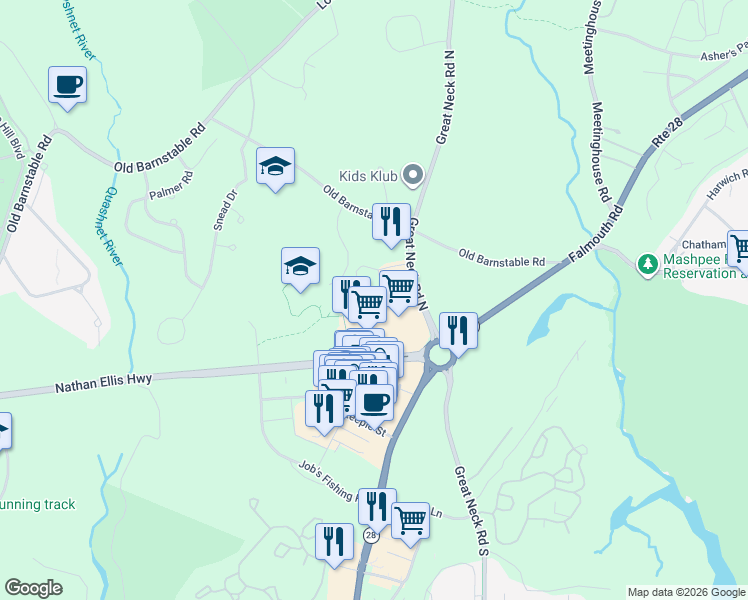 map of restaurants, bars, coffee shops, grocery stores, and more near Ryan's Way in Mashpee