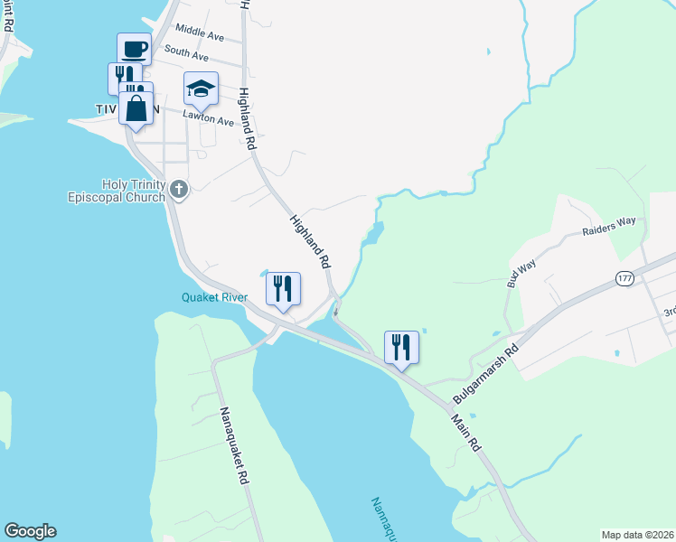 map of restaurants, bars, coffee shops, grocery stores, and more near 536 Highland Road in Tiverton