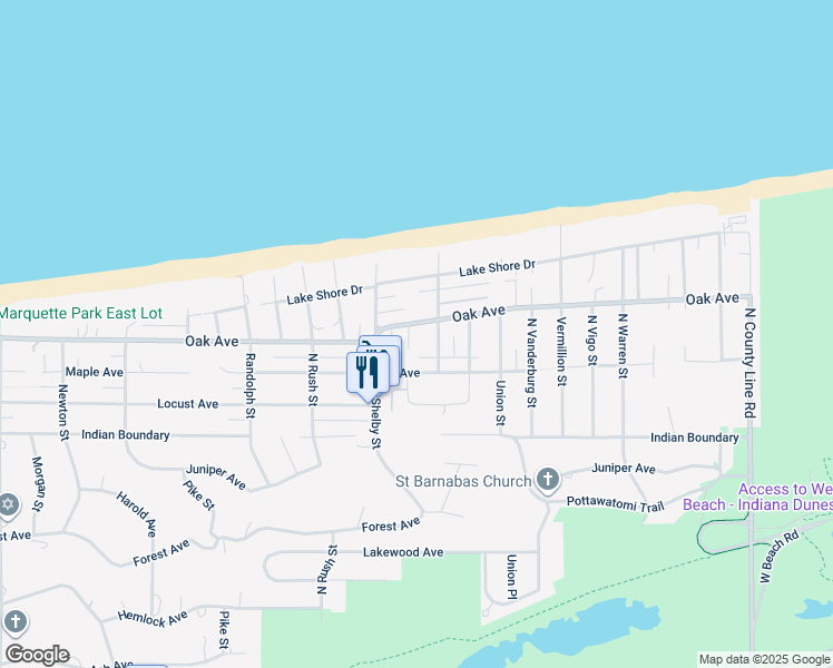 map of restaurants, bars, coffee shops, grocery stores, and more near 8517 Oak Avenue in Gary