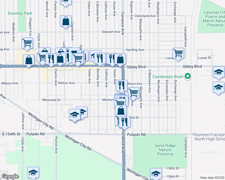 map of restaurants, bars, coffee shops, grocery stores, and more near 535 Calhoun Avenue in Calumet City