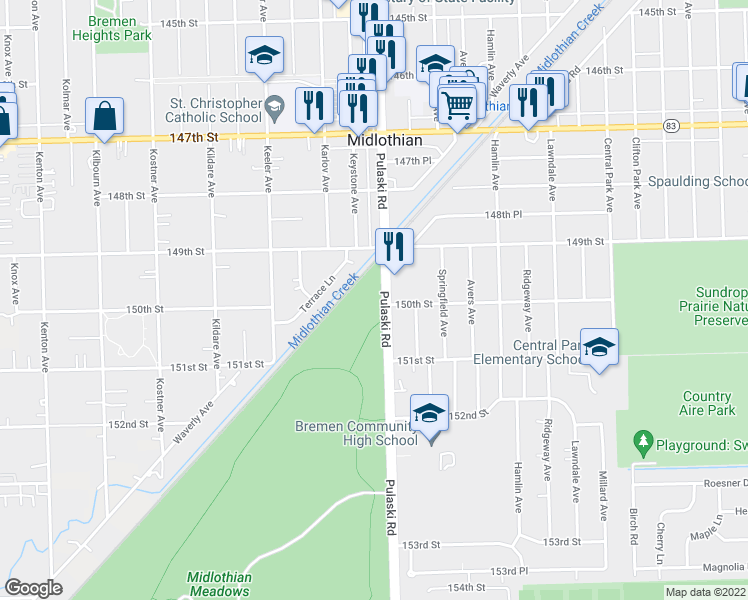 map of restaurants, bars, coffee shops, grocery stores, and more near 14945 Pulaski Road in Midlothian