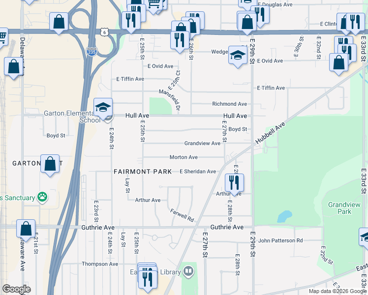 map of restaurants, bars, coffee shops, grocery stores, and more near 2612 Grandview Avenue in Des Moines
