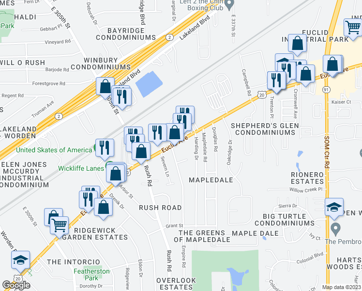 map of restaurants, bars, coffee shops, grocery stores, and more near 30580 Euclid Avenue in Wickliffe
