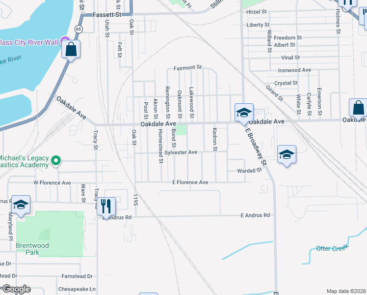 map of restaurants, bars, coffee shops, grocery stores, and more near 1645 Schomberg Street in Toledo