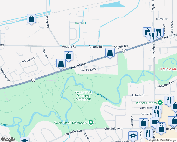 map of restaurants, bars, coffee shops, grocery stores, and more near 1221 Brookview Drive in Toledo