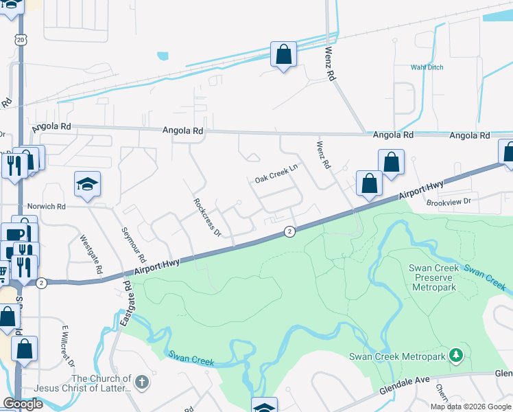 map of restaurants, bars, coffee shops, grocery stores, and more near 4581 Blue Rock Court in Toledo