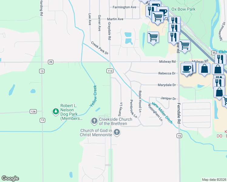 map of restaurants, bars, coffee shops, grocery stores, and more near 60179 Surrey Lane in Elkhart