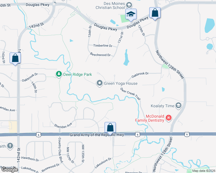 map of restaurants, bars, coffee shops, grocery stores, and more near 13282 Oakbrook Drive in Urbandale