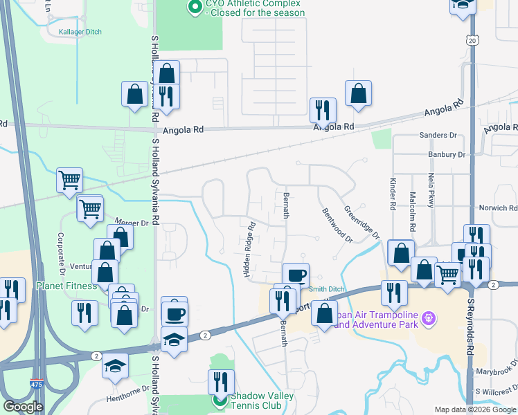 map of restaurants, bars, coffee shops, grocery stores, and more near 5827 Greenridge Lane in Toledo