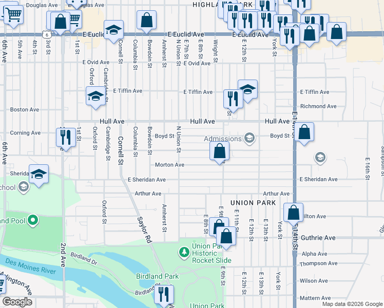 map of restaurants, bars, coffee shops, grocery stores, and more near 721 Grandview Avenue in Des Moines