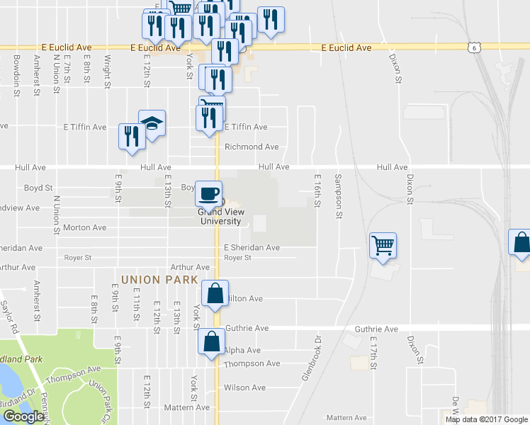 map of restaurants, bars, coffee shops, grocery stores, and more near 2729 East 14th Street in Des Moines