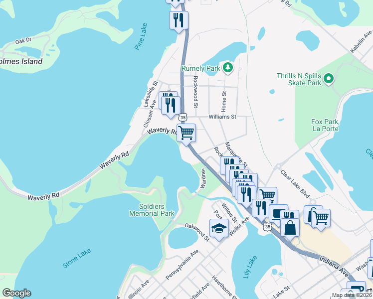 map of restaurants, bars, coffee shops, grocery stores, and more near 431 Pine Lake Ave in La Porte