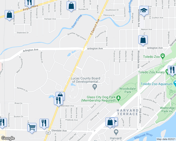 map of restaurants, bars, coffee shops, grocery stores, and more near 1015 Garden Lake Parkway in Toledo