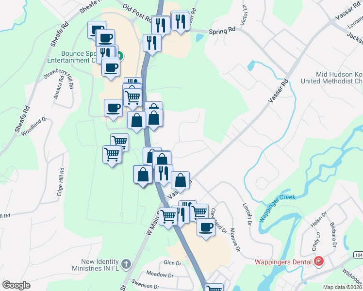 map of restaurants, bars, coffee shops, grocery stores, and more near 24 Stephanie Lane in Poughkeepsie