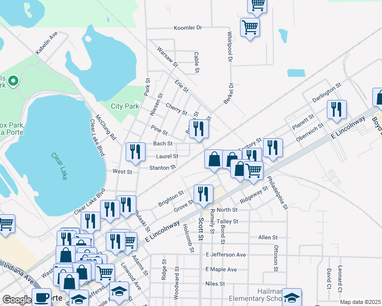 map of restaurants, bars, coffee shops, grocery stores, and more near 403 Siegel Street in La Porte