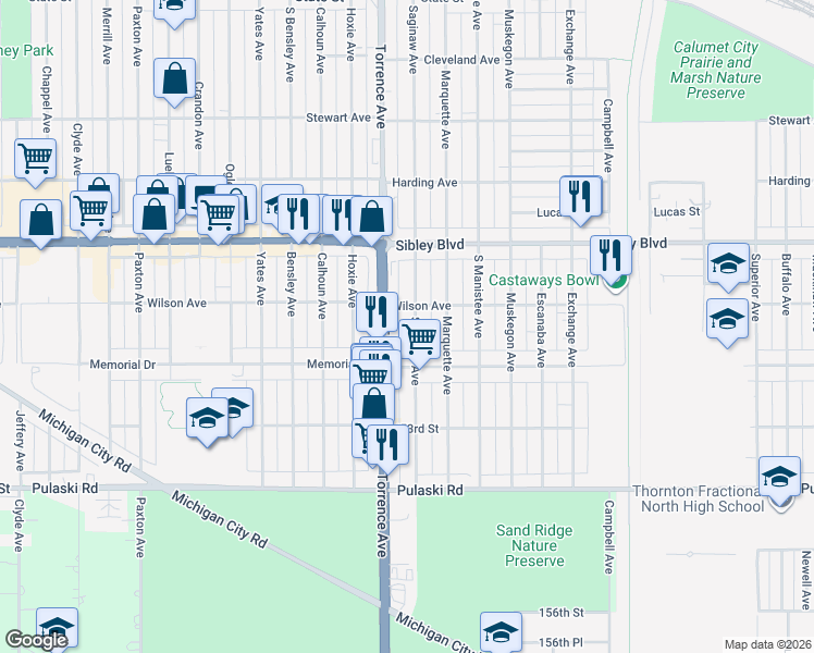 map of restaurants, bars, coffee shops, grocery stores, and more near 536 Saginaw Avenue in Calumet City