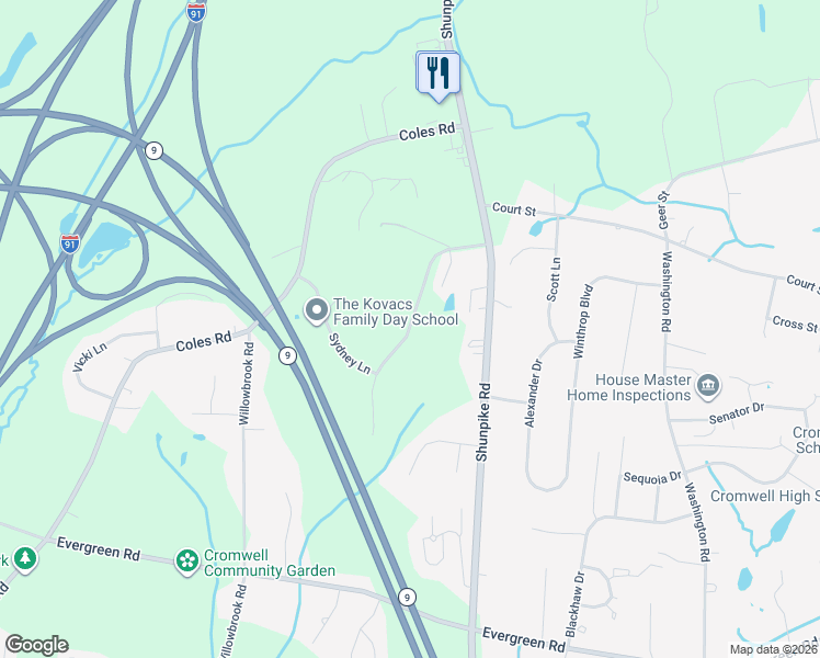 map of restaurants, bars, coffee shops, grocery stores, and more near Sovereign Ridge in Cromwell