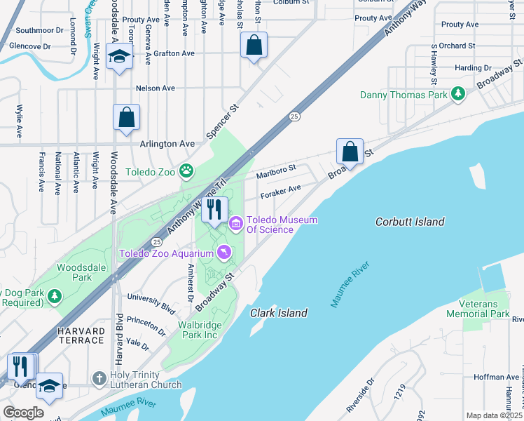 map of restaurants, bars, coffee shops, grocery stores, and more near 1112 Radcliffe Drive in Toledo