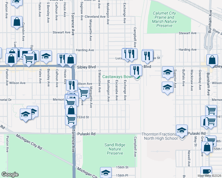 map of restaurants, bars, coffee shops, grocery stores, and more near 537 Muskegon Avenue in Calumet City