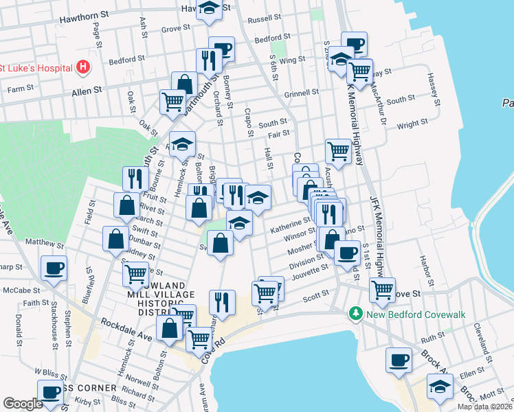 map of restaurants, bars, coffee shops, grocery stores, and more near 275 Rivet Street in New Bedford