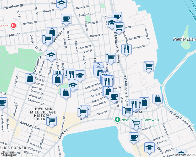 map of restaurants, bars, coffee shops, grocery stores, and more near 164 Rivet Street in New Bedford