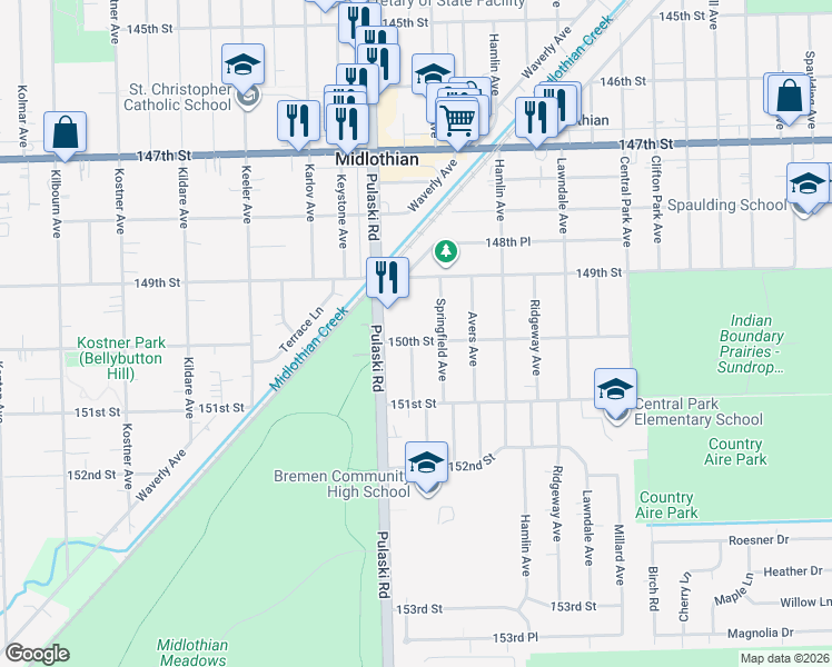 map of restaurants, bars, coffee shops, grocery stores, and more near 3924 150th Street in Midlothian