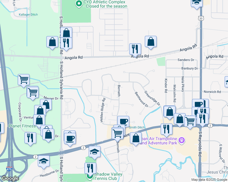map of restaurants, bars, coffee shops, grocery stores, and more near 5827 Greenridge Lane in Toledo