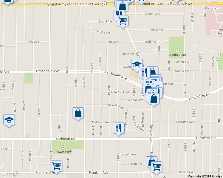 map of restaurants, bars, coffee shops, grocery stores, and more near 2824 45th Street in Des Moines
