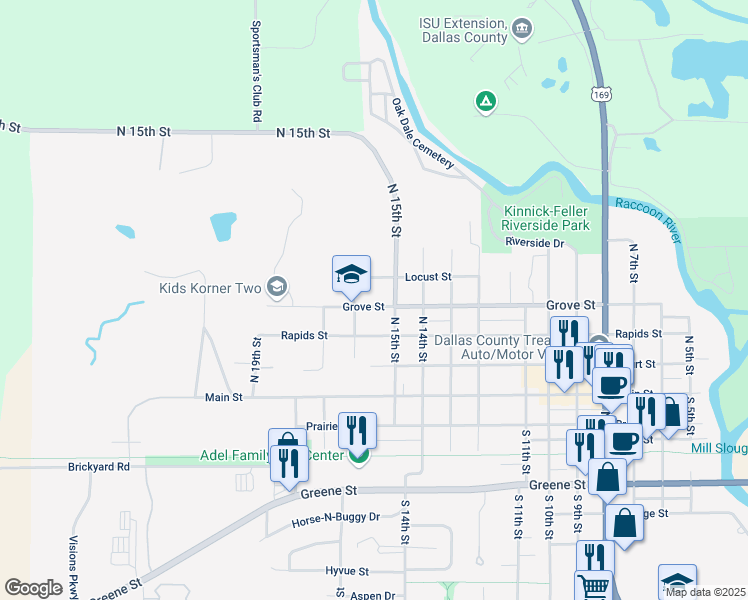 map of restaurants, bars, coffee shops, grocery stores, and more near 1516 Grove Street in Adel