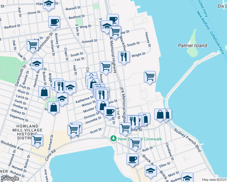 map of restaurants, bars, coffee shops, grocery stores, and more near 153 Blackmer Street in New Bedford