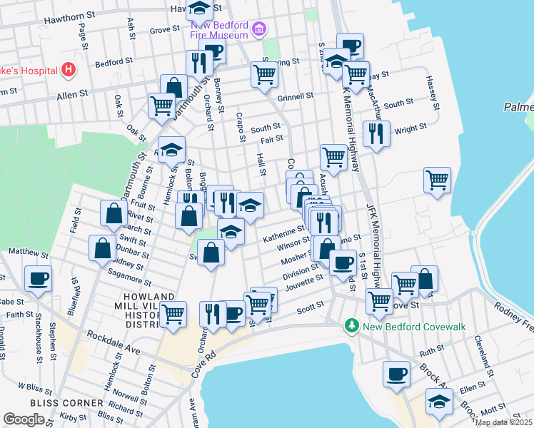 map of restaurants, bars, coffee shops, grocery stores, and more near 209 Rivet Street in New Bedford