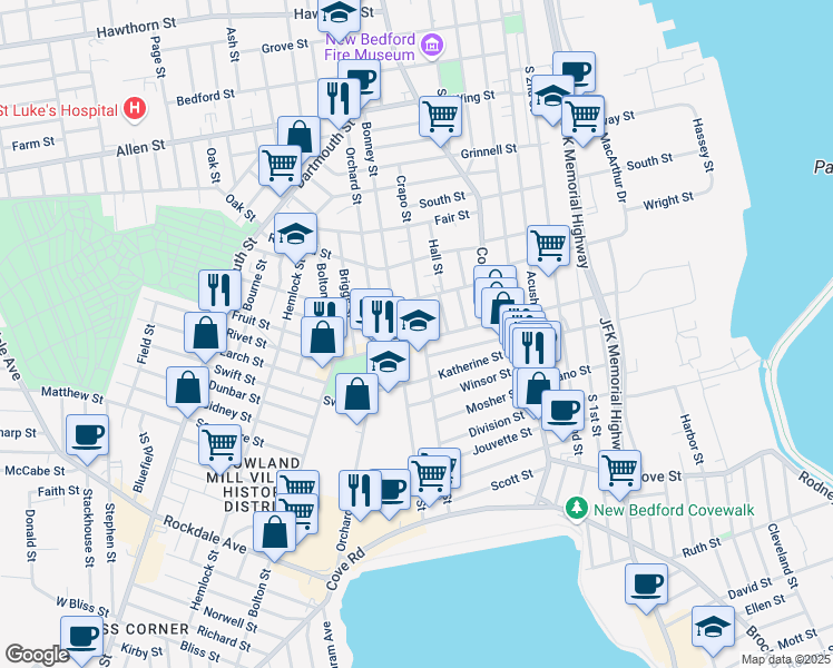 map of restaurants, bars, coffee shops, grocery stores, and more near 79 Crapo Street in New Bedford