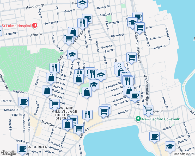 map of restaurants, bars, coffee shops, grocery stores, and more near 79 Crapo Street in New Bedford