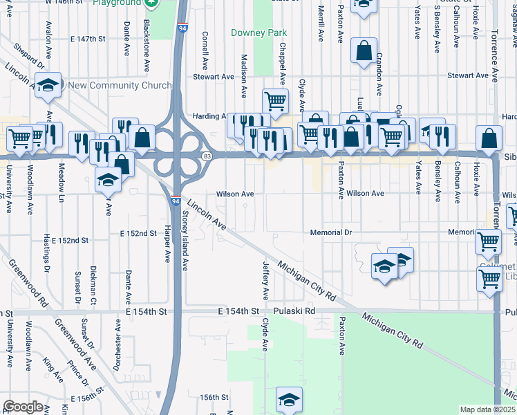 map of restaurants, bars, coffee shops, grocery stores, and more near 15105 Madison Avenue in Dolton