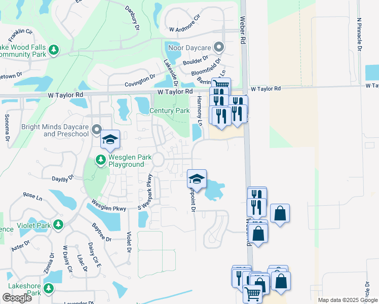 map of restaurants, bars, coffee shops, grocery stores, and more near 106 Highpoint Drive in Romeoville