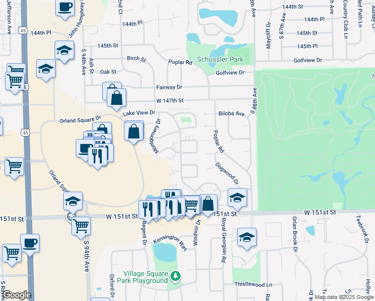 map of restaurants, bars, coffee shops, grocery stores, and more near 9120 Lincoln Court in Orland Park