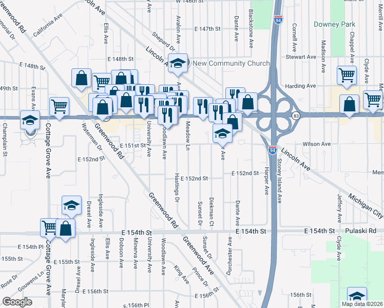 map of restaurants, bars, coffee shops, grocery stores, and more near 15110 Meadow Lane in Dolton