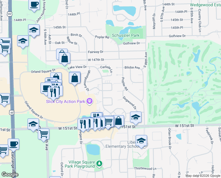 map of restaurants, bars, coffee shops, grocery stores, and more near 9120 Lincoln Court in Orland Park