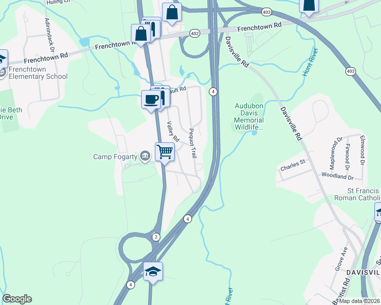 map of restaurants, bars, coffee shops, grocery stores, and more near 143 Pequot Trail in East Greenwich