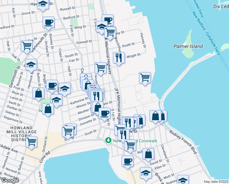 map of restaurants, bars, coffee shops, grocery stores, and more near 865 South Water Street in New Bedford