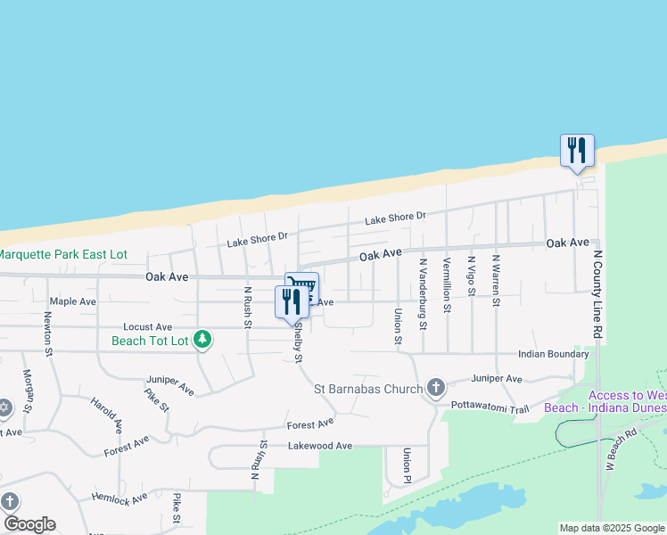 map of restaurants, bars, coffee shops, grocery stores, and more near 8517 Oak Avenue in Gary