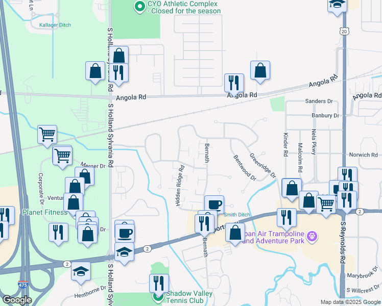 map of restaurants, bars, coffee shops, grocery stores, and more near 5827 Greenridge Lane in Toledo
