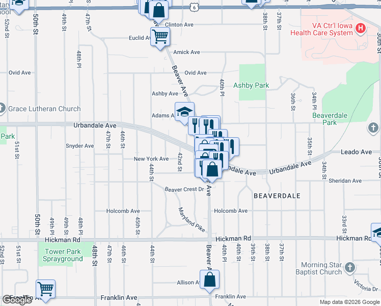 map of restaurants, bars, coffee shops, grocery stores, and more near 4142 Urbandale Avenue in Des Moines
