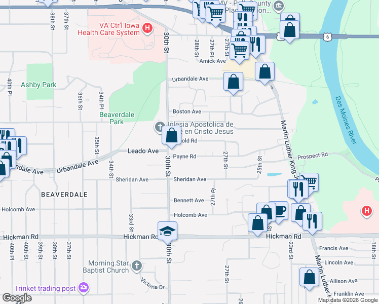 map of restaurants, bars, coffee shops, grocery stores, and more near 2817 Payne Road in Des Moines