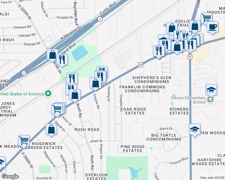 map of restaurants, bars, coffee shops, grocery stores, and more near in Wickliffe